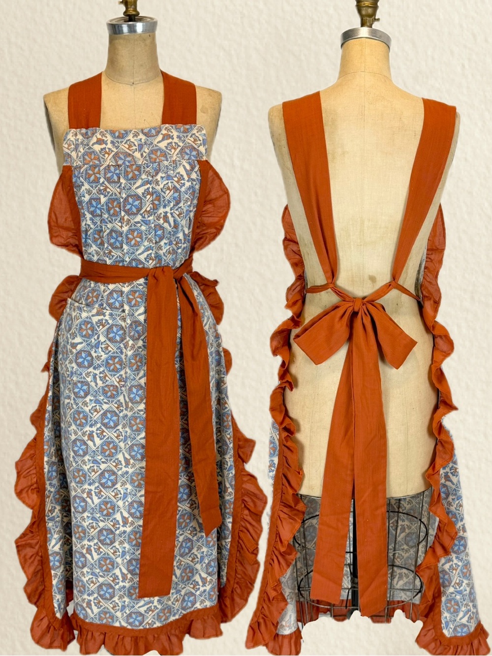VINTAGE pinafore apron long maxi ruffle blue bird dress layer kitchen farm house